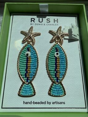 RUSH Hand-Beaded Blue Fish Drop Earrings